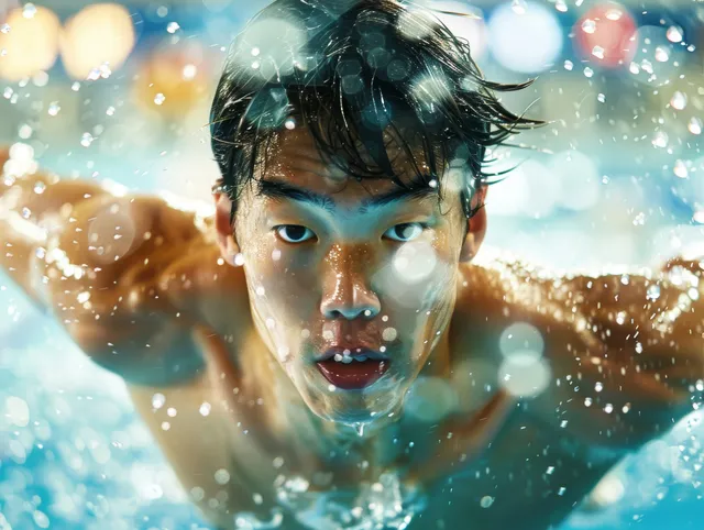 Japanese swimmer surges through 200m breaststroke, water splashing mid-race in pool lights