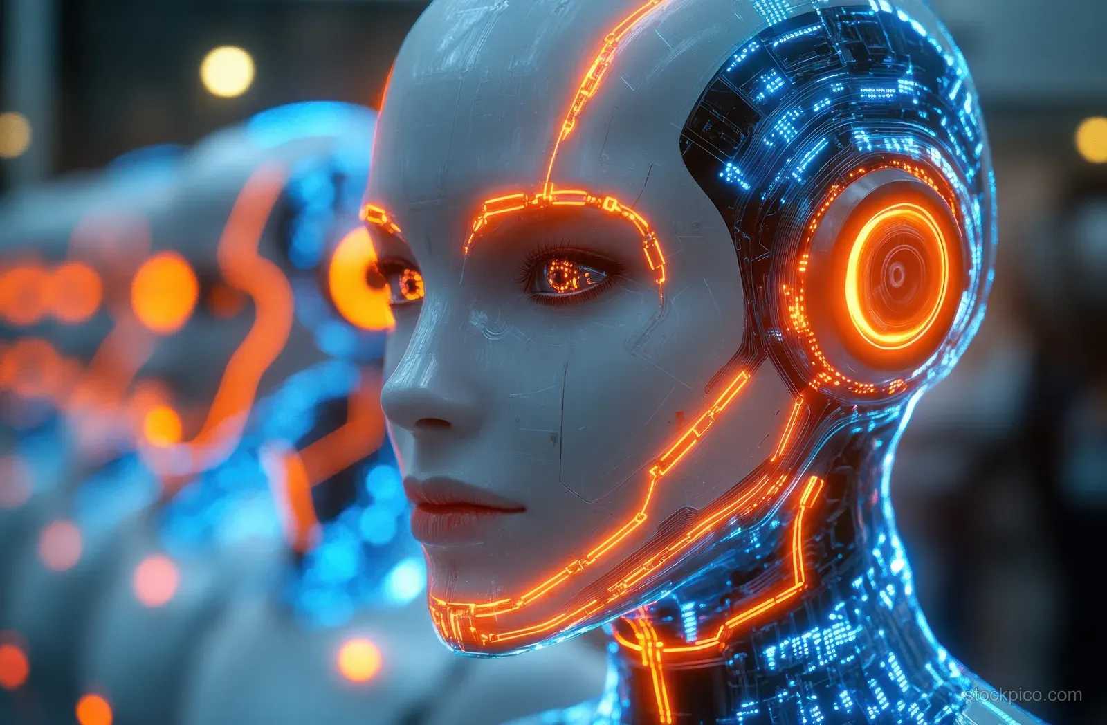 Human-like robotic heads glow with blue and orange circuit patterns while blurred machines stand behind.