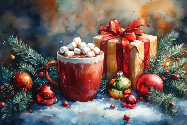 Hot chocolate mug with marshmallows beside wrapped gifts and pine branches in watercolor winter scene