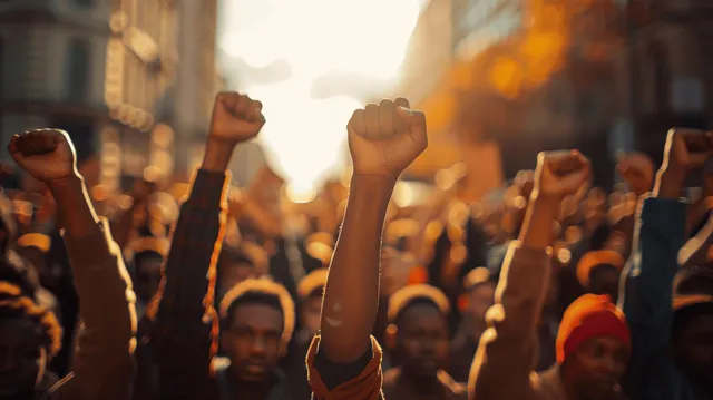 A crowd of protesters raises clenched fists in an outdoor city street at sunset.