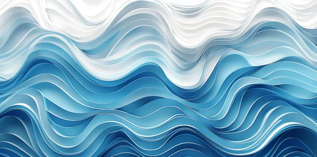 Líneas de olas azules y blancas en capas ondulan sobre una textura abstracta de superficie de agua.