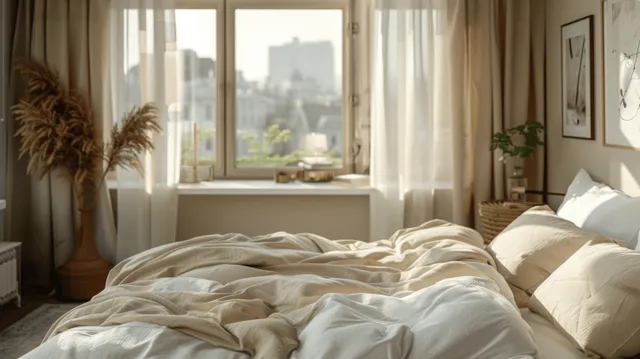 Sunlit minimalist bedroom with neatly made white linen bed and soft pillows by window