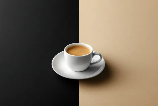 White ceramic espresso cup with crema on saucer over bicolor black and beige background