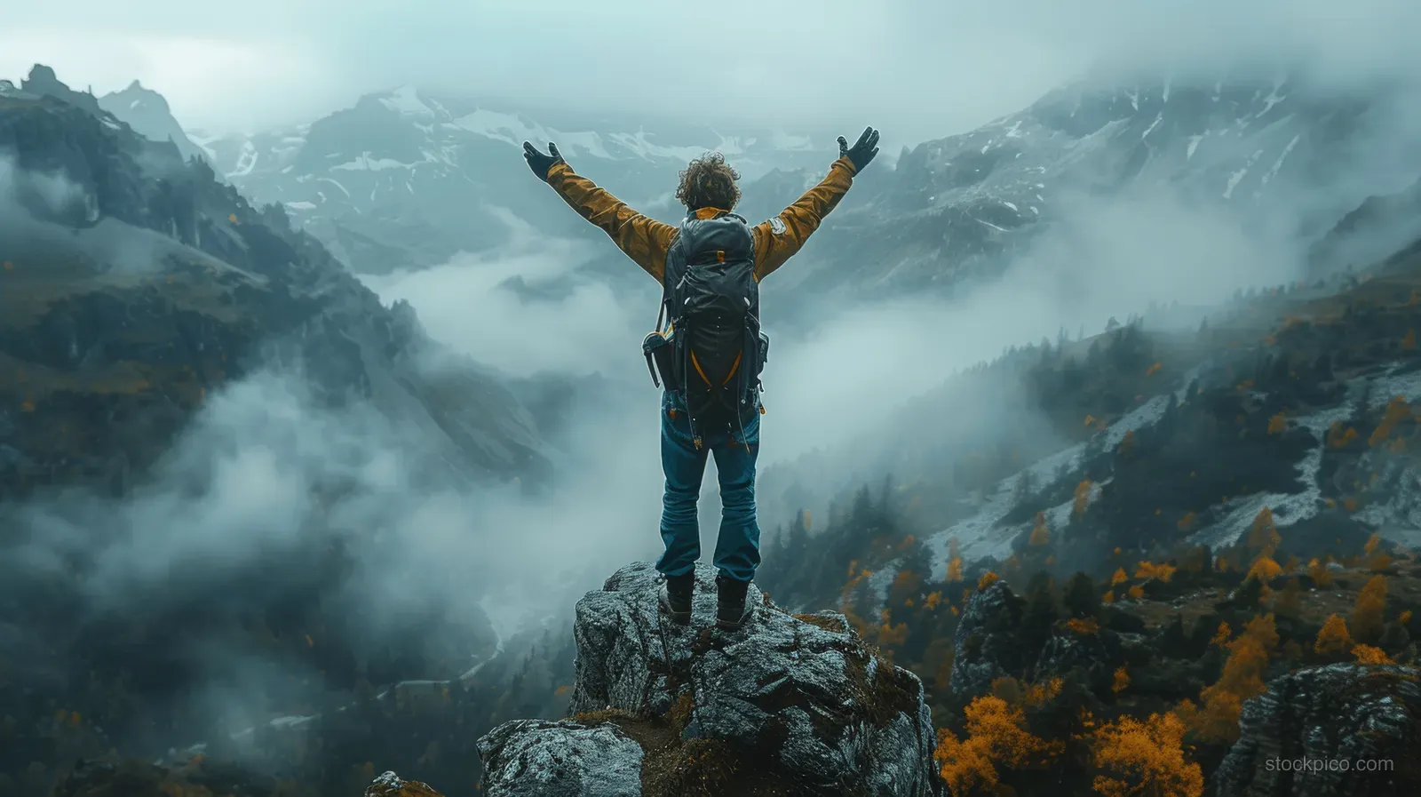 A hiker stands on a rocky peak at sunrise with arms raised above misty mountain valleys.