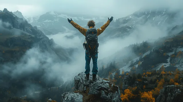 Hiker stands atop a rocky mountain peak at sunrise, arms raised in victory