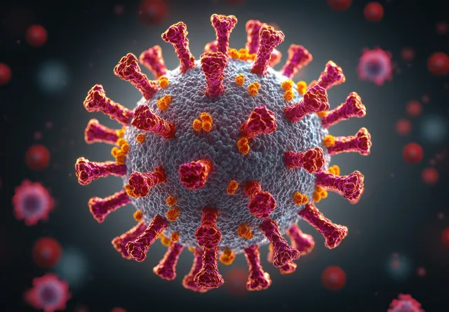 3D coronavirus cell with red spikes surrounded by floating viral particles in a dark microscopic background.