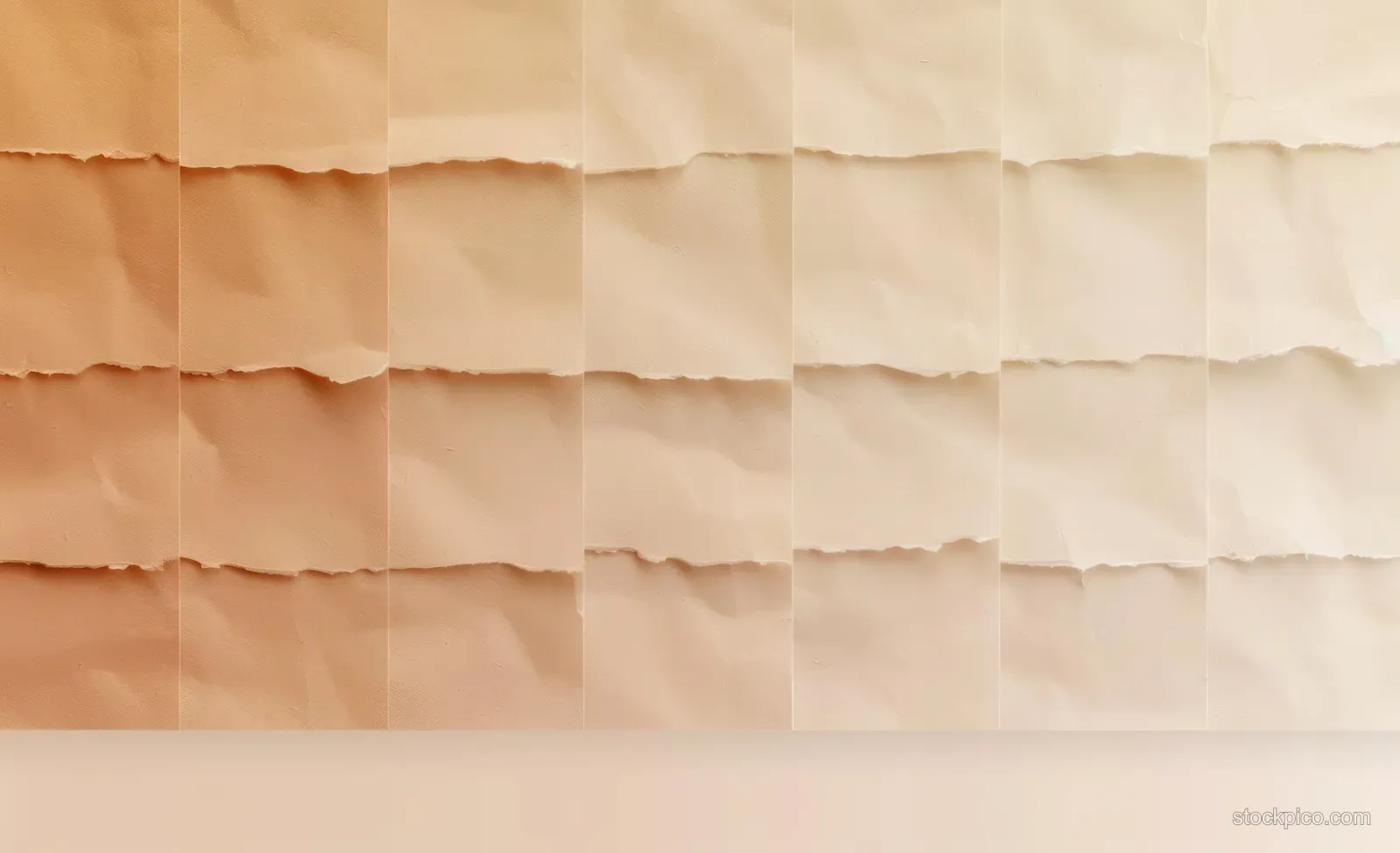 Beige torn paper strips arranged in rows form a light-to-dark gradient with visible fibers and soft shadows.