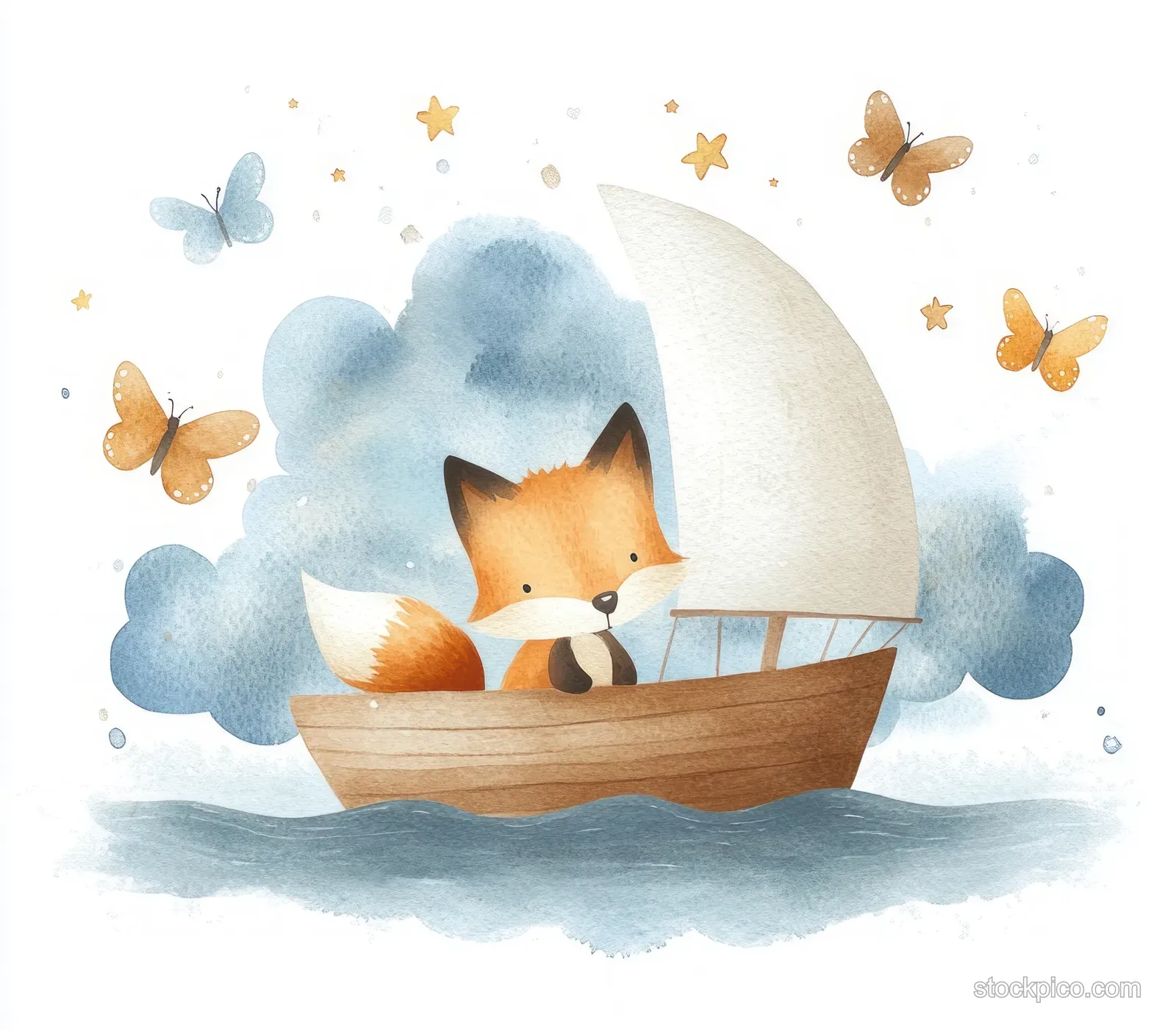 A fox in a wooden sailboat floats among clouds while butterflies swirl around glowing star-like sparkles.