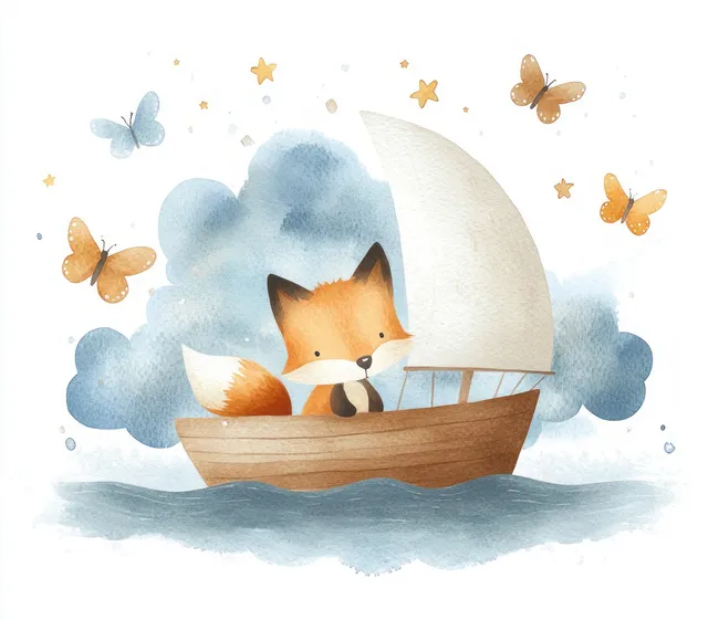Whimsical fox sailing a wooden boat through clouds, collecting star-dust with butterflies nearby