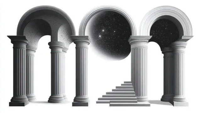 Monochrome columns and curved arches surround a staircase, with a starry night sky visible through openings.