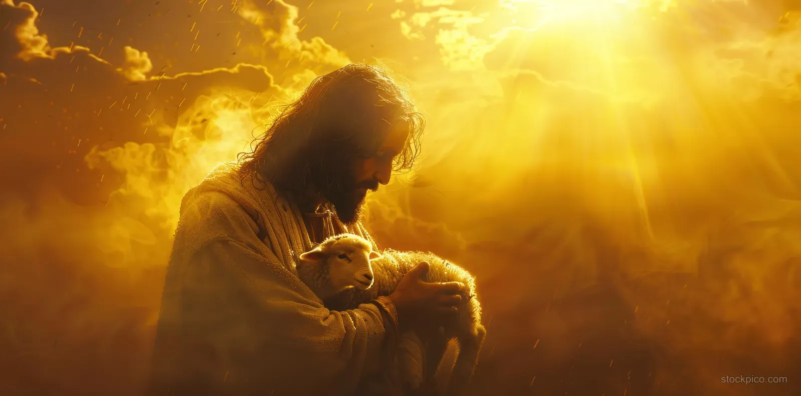 Jesus holds a lamb while golden backlight and yellow fog glow behind him.