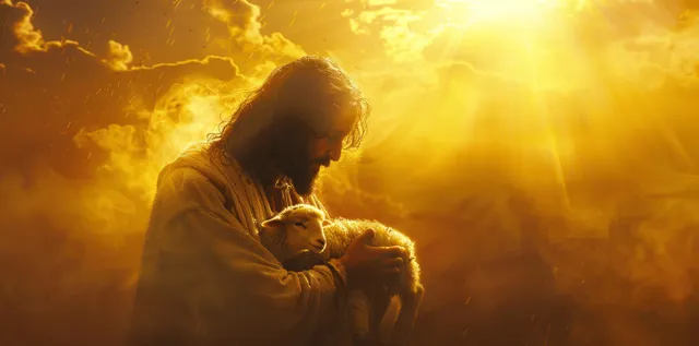 Jesus cradling a lamb in golden backlight with swirling yellow fog
