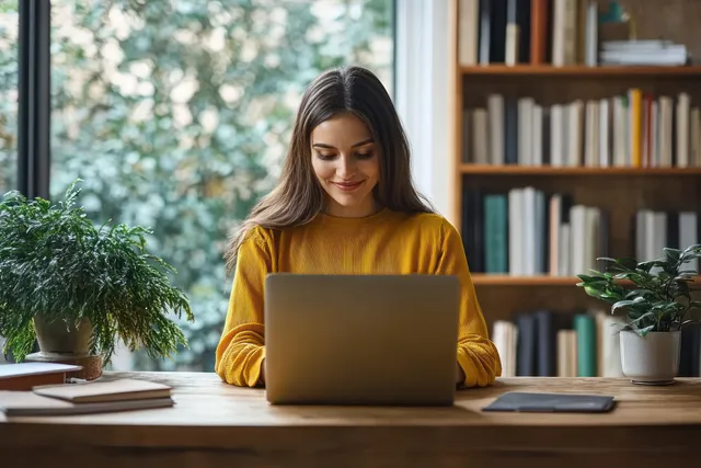 Smiling Indian woman types on a laptop at a desk in a co-working space with bookshelves and indoor plants behind her.