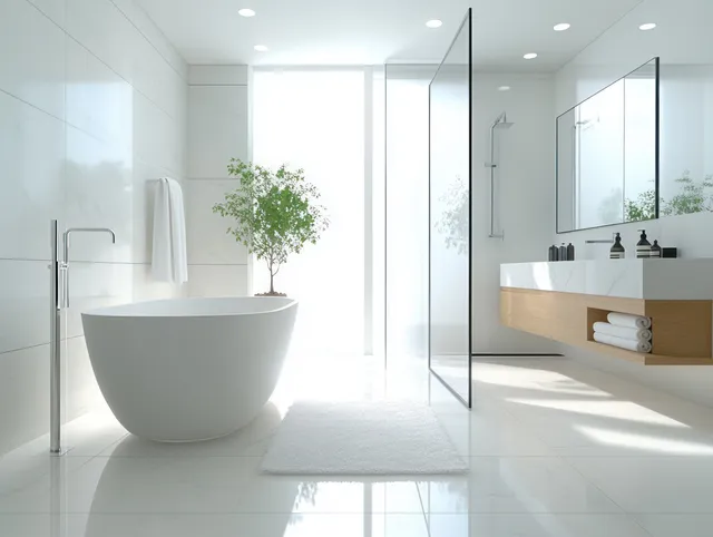 White minimalist bathroom showing a freestanding bathtub, glass shower enclosure, and sunlit windows with a wooden vanity.