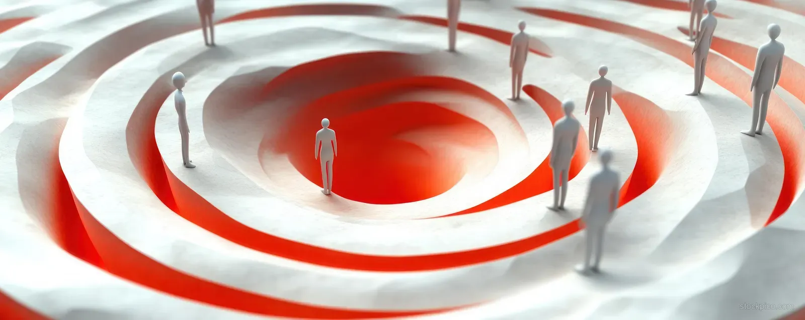 People figures stand on concentric white and red rings focused on a central red target hotspot.