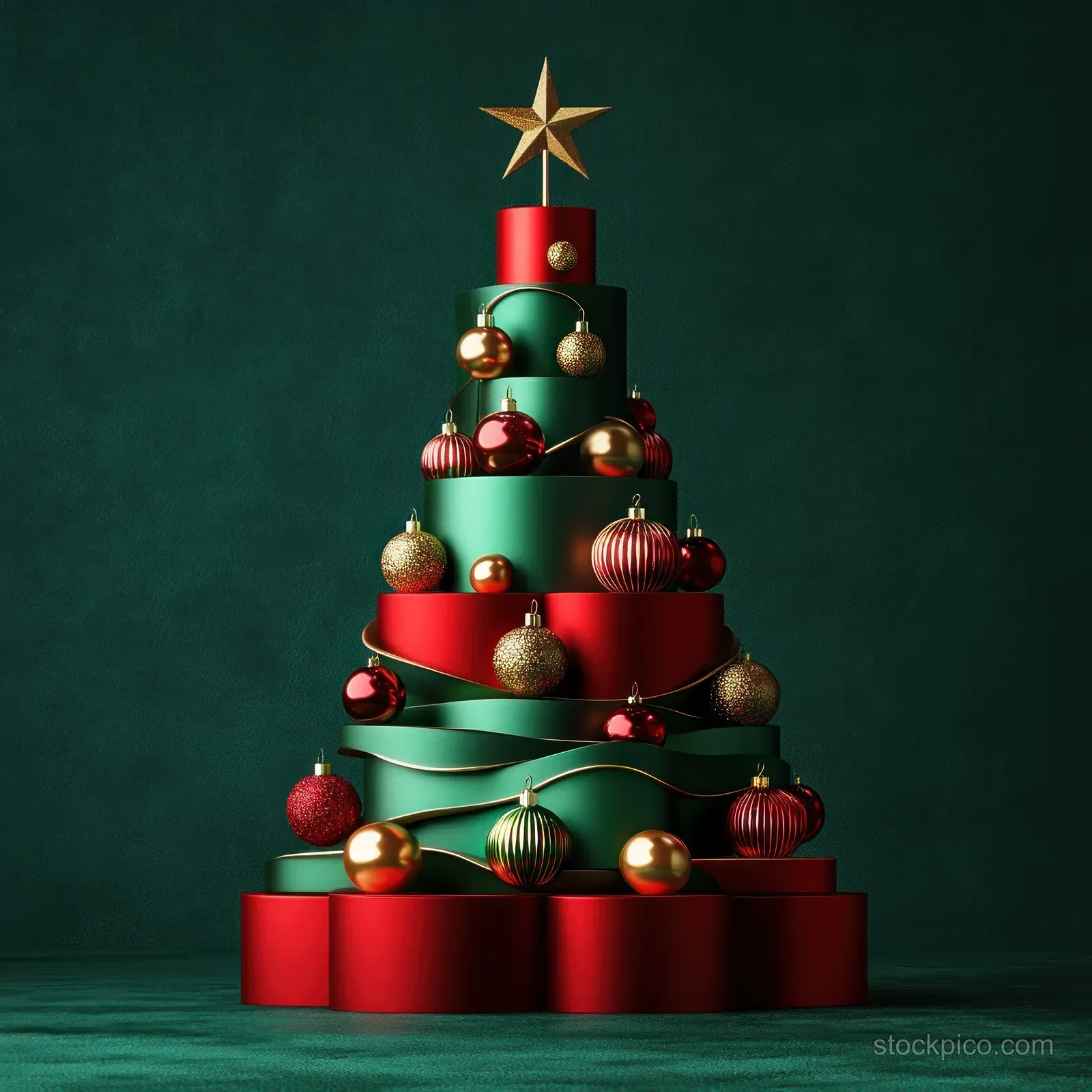 Minimal Christmas tree with gold star and red gold ornaments on a dark green background.