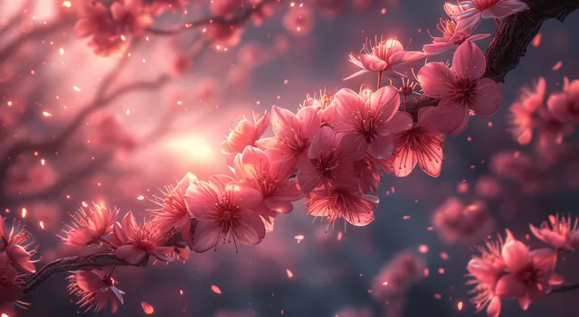 Cherry blossom branches and falling petals glow against a starry night sky in a dreamy fantasy landscape.