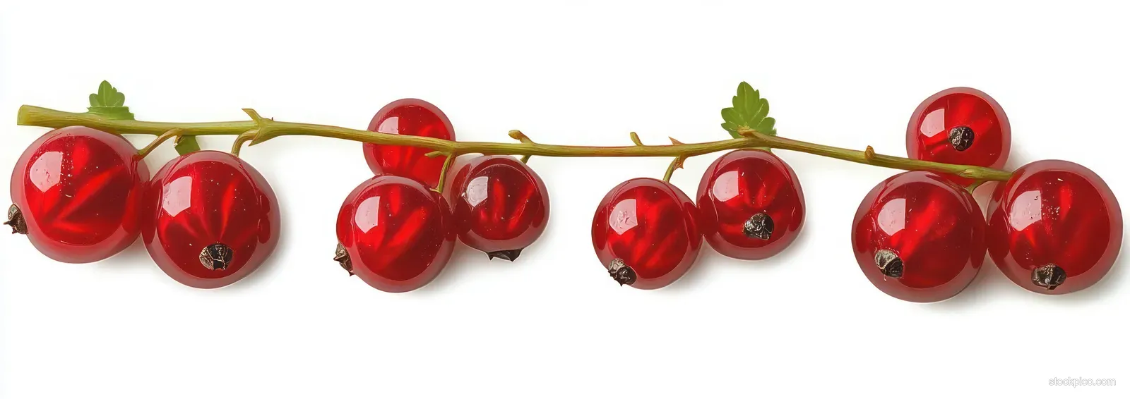 Glossy red currant berries on a branch with green leaves isolated on a white background.