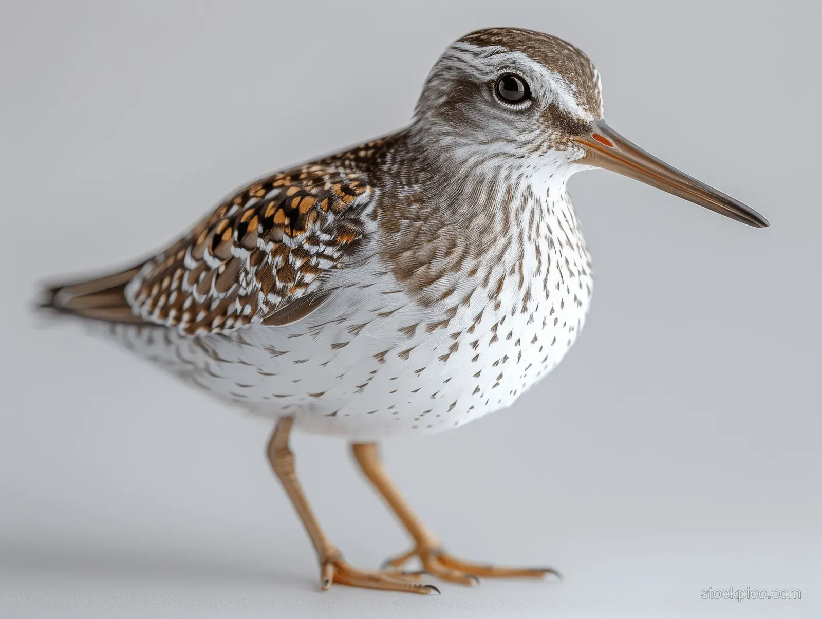 White-tailed wood sandpiper perched facing left with detailed brown-gray feathers on a light background.