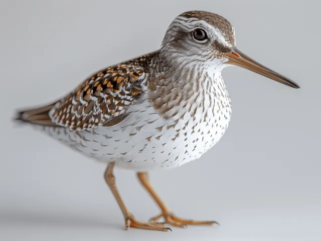 White-tailed wood sandpiper perched facing left with detailed brown-gray feathers on a light background.