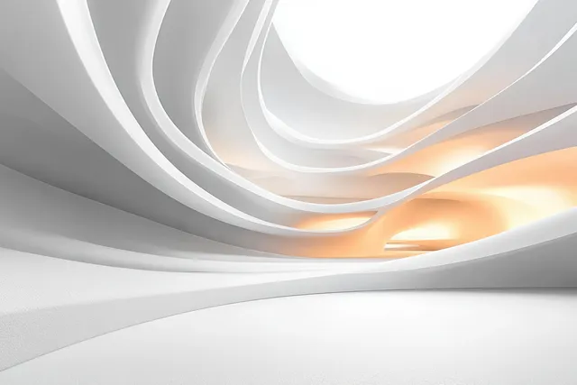 Futuristic white light ribbons flow through an abstract interior, smooth curved geometry