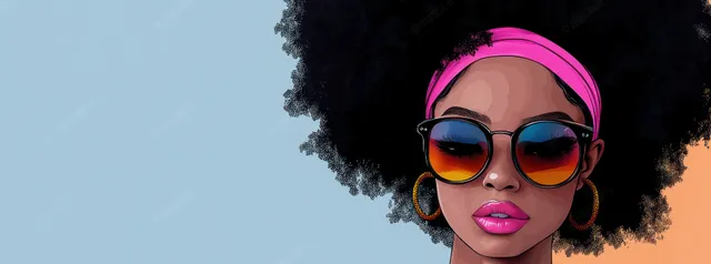 Confident black woman with afro hair, sunglasses, and vibrant makeup on pastel background