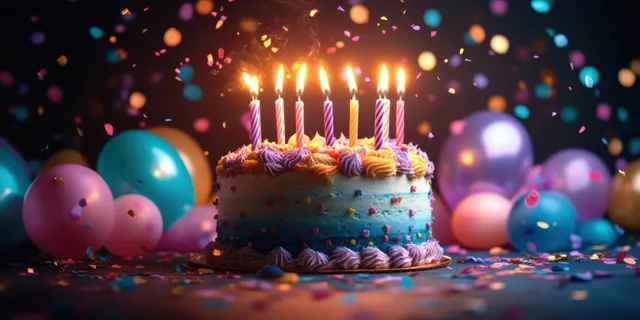 Colorful birthday cake with lit candles, balloons, and confetti on a festive party table.