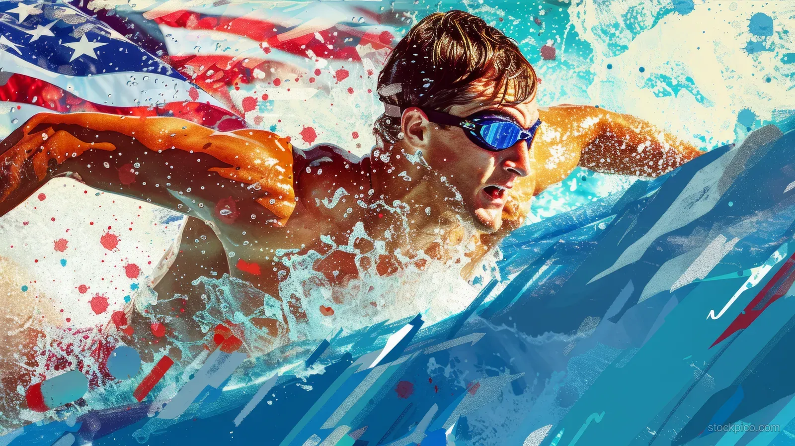 Male swimmer in backstroke drives forward with a large splash, surrounded by blue water and American flag colors.