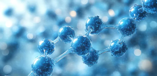 Glowing blue DNA helix of molecular nodes and connecting lines in a softly blurred scientific light background.