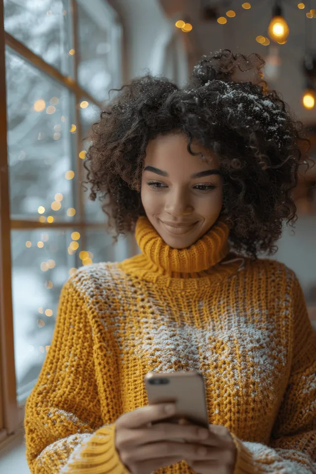 Woman in a yellow knit sweater holding a smartphone while warm bokeh lights glow behind her.