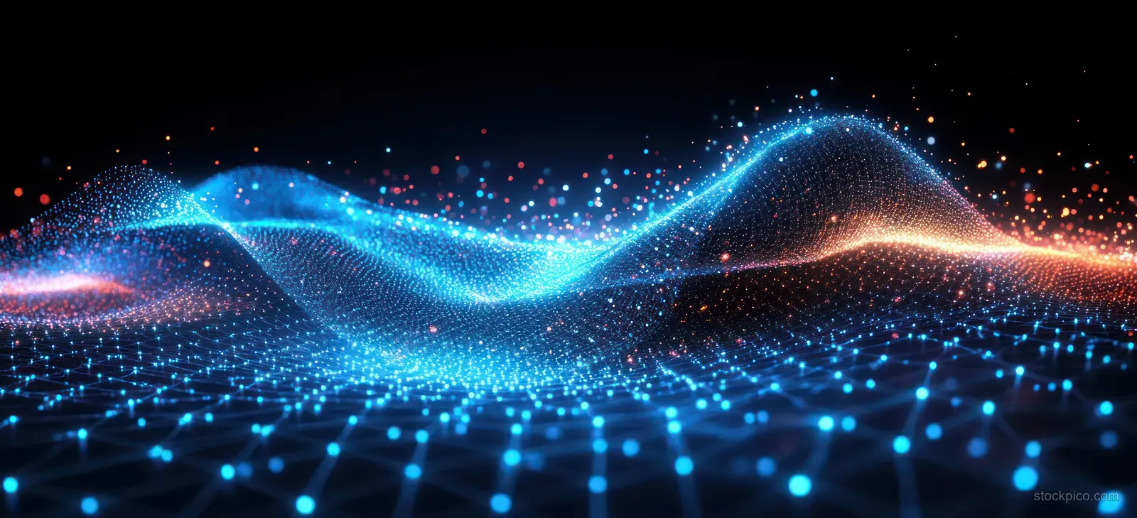 Blue and cyan light-wave particles stream across a digital atomic grid, creating interference ripples and glowing depth.