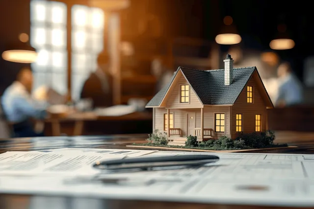 House model placed on contract documents with blurred office advisors in the background.