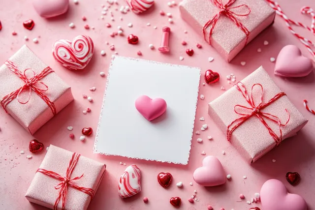 Blank Valentine greeting card on pink background surrounded by wrapped gifts, ribbons, hearts, and confetti.