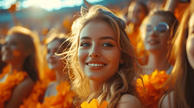 Cheerleaders wave orange pom-poms at an indoor basketball arena under bright lights