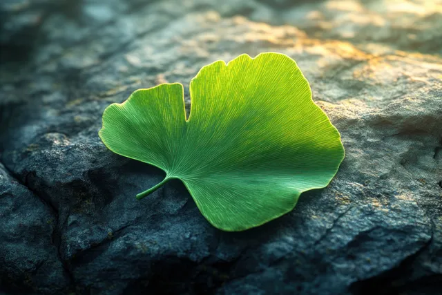 Fresh ginkgo leaf with visible veins lying on rough weathered stone.