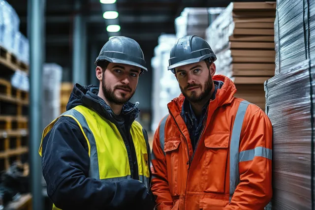 Two warehouse workers in hard hats and high-visibility jackets stand beside stacked pallets in an indoor storage aisle.