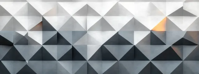 Gray 3D triangular wall panels form an abstract geometric pattern with shadows and a small orange light highlight.