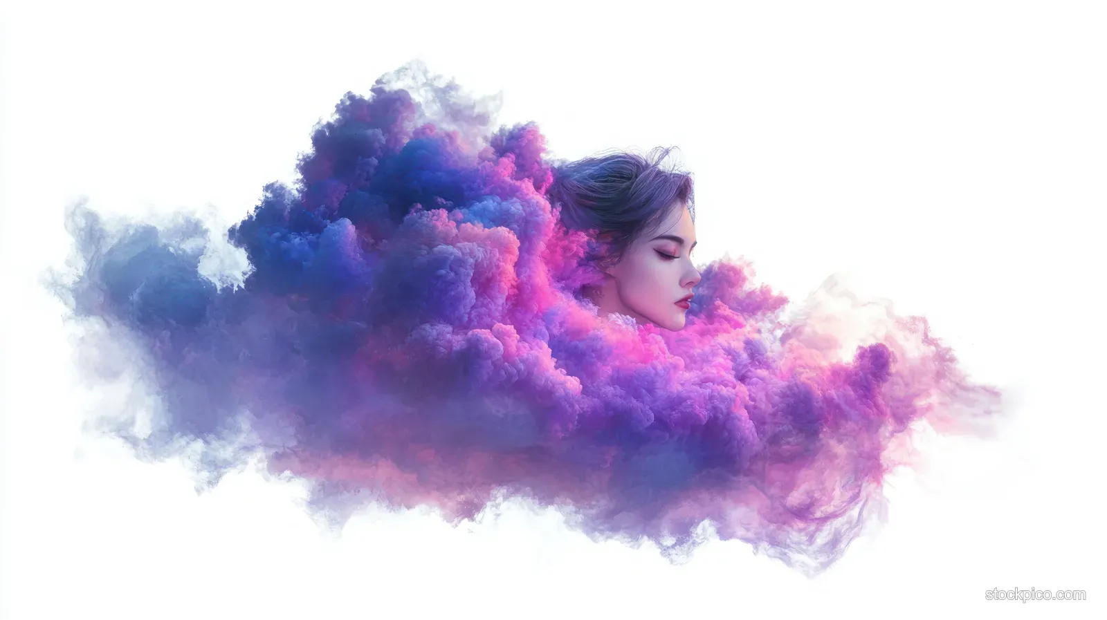 A serene woman profile emerges from swirling purple and pink smoke clouds on a white background.