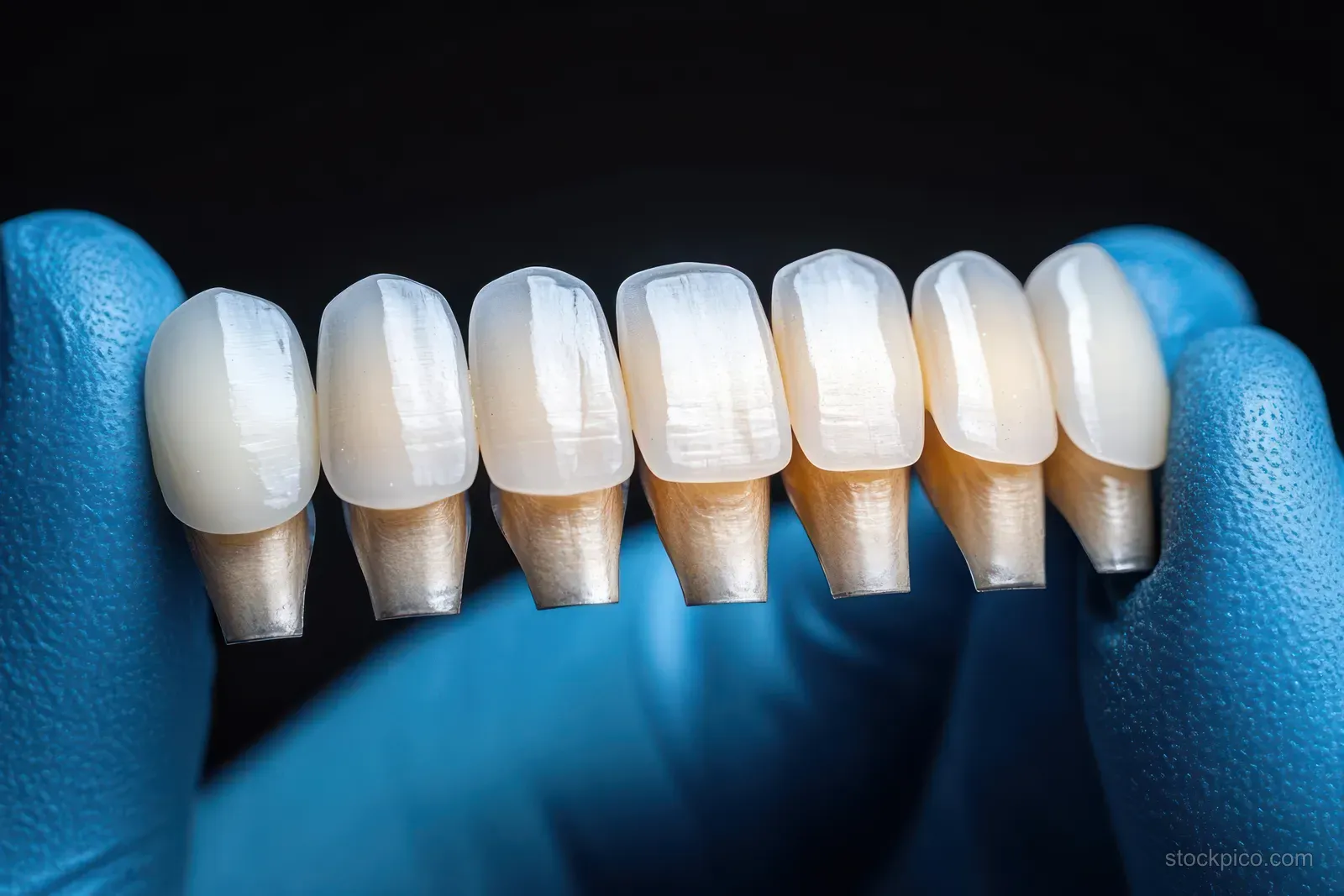 Blue-gloved hands hold a row of translucent tooth veneers with natural color gradients against a blue background.
