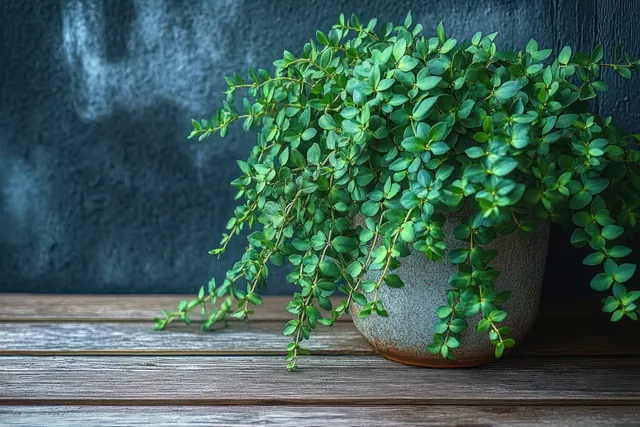 Trailing green plant in rustic ceramic pot on wooden surface
