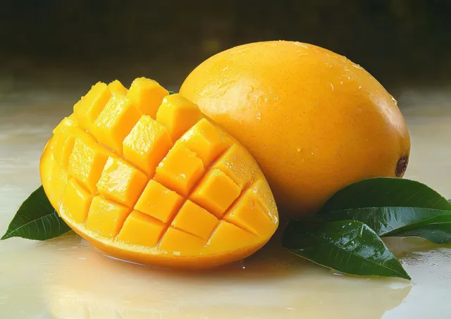 Ripe mango slice on creamy background with glossy fruit skin and fresh green leaves