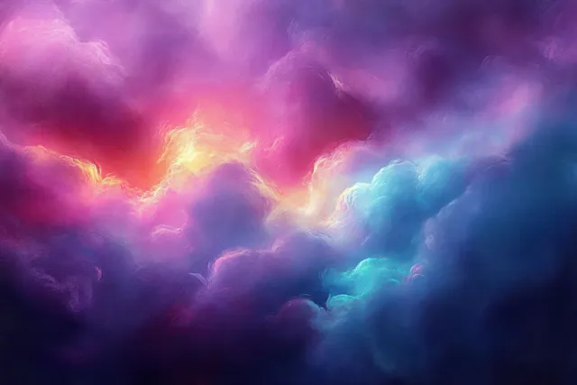 Layered purple, pink, and blue clouds surround a glowing central light with soft radiant haze.