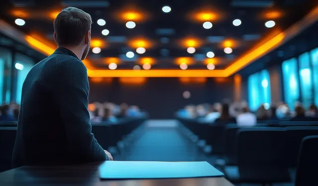 Tech executive delivering keynote speech on conference stage with glowing LED backdrop