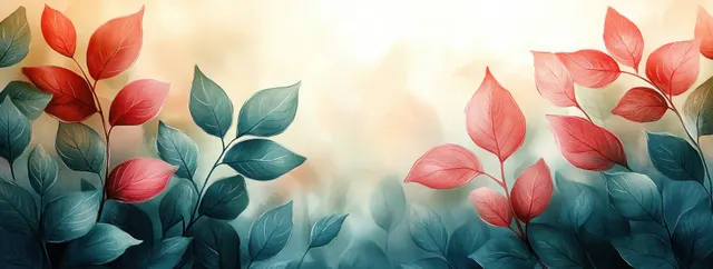 Green and pink watercolor leaves float over a soft pastel background with visible brush strokes.