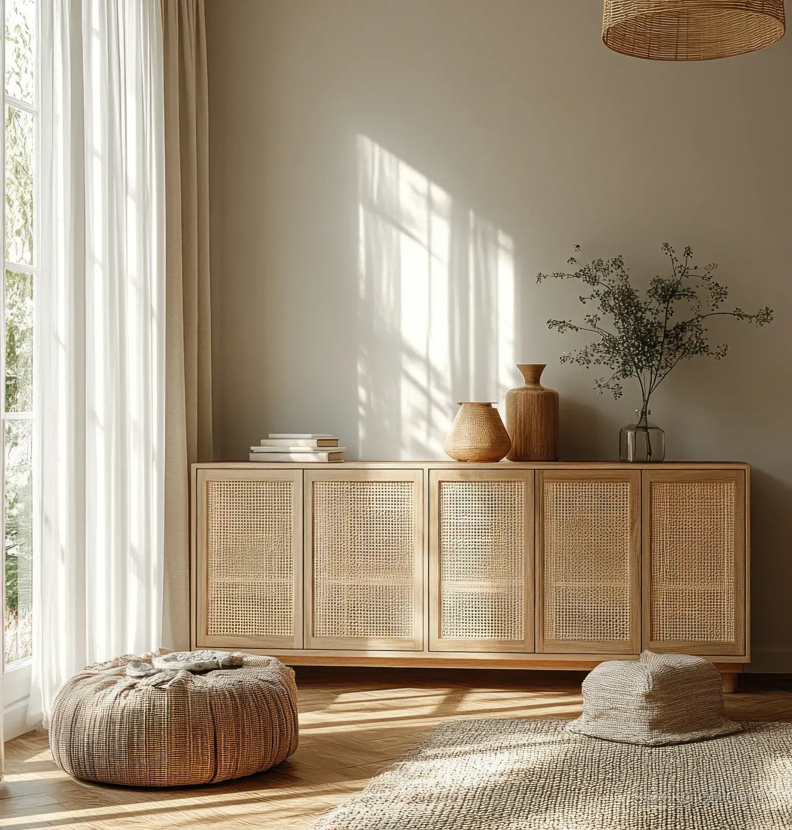 Bright Scandinavian living room with a wooden cabinet, sheer curtains, neutral textiles, and a small potted plant.