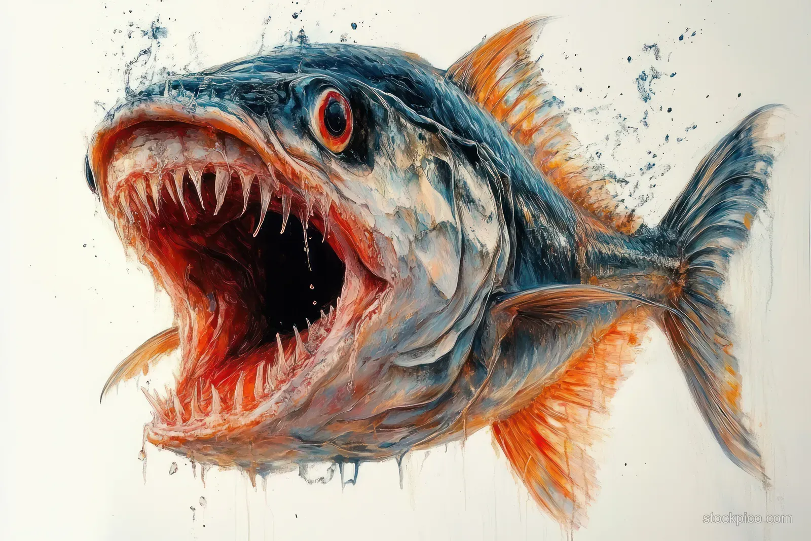 A predatory fish leaps out of water with its mouth wide open, sharp teeth visible, and droplets splashing around it.