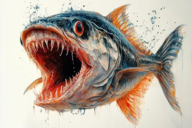 A predatory fish leaps out of water with its mouth wide open, sharp teeth visible, and droplets splashing around it.