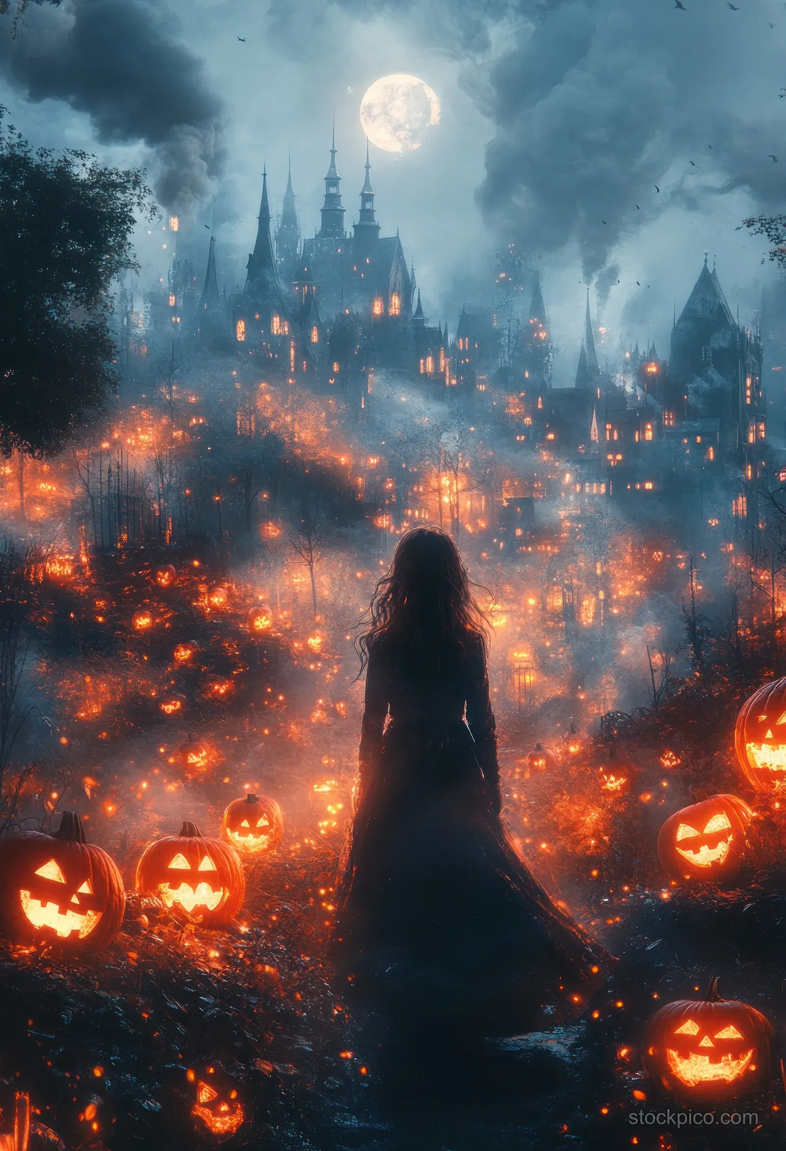 Silhouetted girl walks through fog toward glowing pumpkin lanterns in a haunted night village under moonlight.