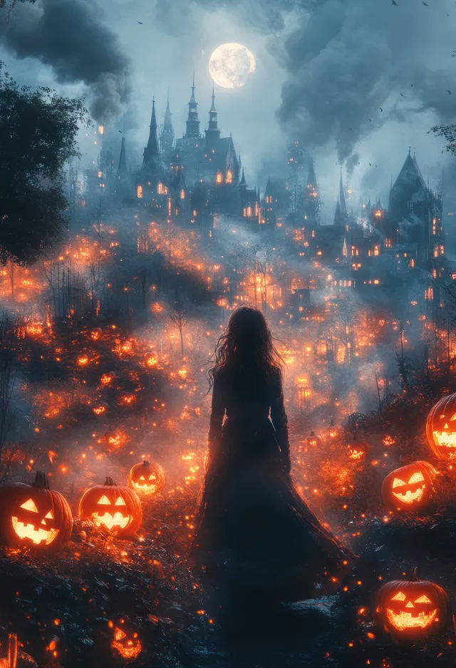 Silhouetted girl walks through fog toward glowing pumpkin lanterns in a haunted night village under moonlight.