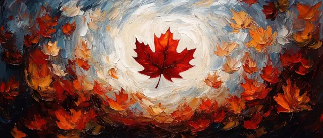 A textured abstract painting shows red and orange maple leaves swirling around a bright circular center.